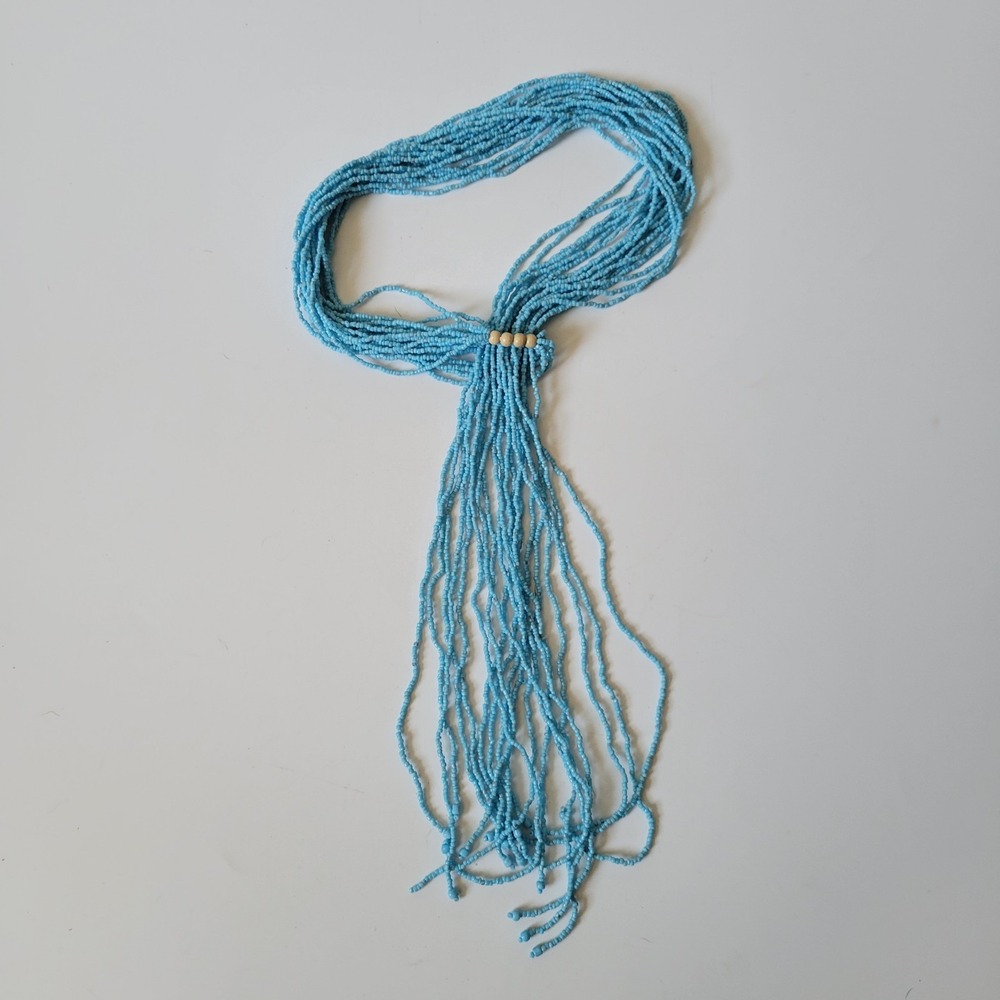 Multi Strand Seed Bead Lariat Necklace 58" Turquoise Blue Versatile Southwestern